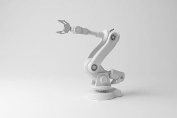 White robotic arm on white background in monochrome and minimalism. Illustration of the concept of industrial automation in manufacturing