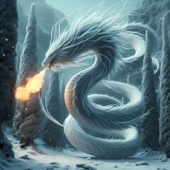 White snake dragon that fly in the place full of snow around the Christmas tree generated with Ai tool