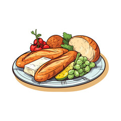 sausage and vegetables on a plate isolated on white background design