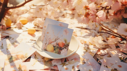 Postcards with spring motifs nestled among cherry blossoms and Easter eggs on a sunny, floral background.