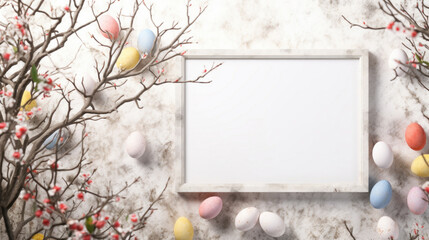 A rustic Easter arrangement with a white framed space, colored eggs, and blossoming branches on a vintage backdrop.