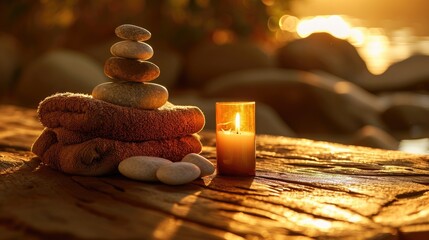 Towel, candle and soft stones on a wooden table