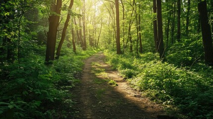 Obraz premium A Tranquil Forest Path Surrounded by Nature's Beauty