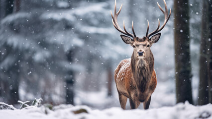 Naklejka na ściany i meble Frosty Antler Elegance: Gorgeous Buck in Winter Snow