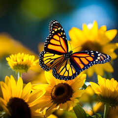 monarch butterfly on flower. Image of a butterfly Monarch on sunflower with blurry background. Nature stock image of a closeup insect. Most beautiful imaging of a wings butterfly on flowers. 
