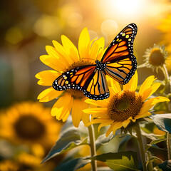 Naklejka premium monarch butterfly on flower. Image of a butterfly Monarch on sunflower with blurry background. Nature stock image of a closeup insect. Most beautiful imaging of a wings butterfly on flowers. 