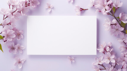 Naklejka na ściany i meble Elegant white blank card surrounded by cherry blossoms on a soft purple background, perfect for springtime messages.