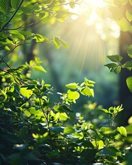 Green foliage in sunshine background with sun rays