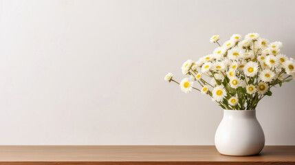 A simple yet beautiful arrangement of white daisies in a modern vase on a wooden table with a neutral backdrop.