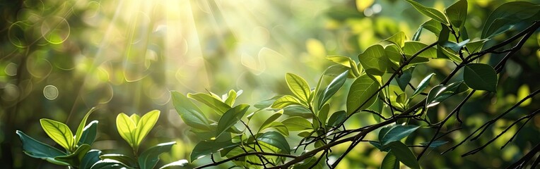 Green foliage in sunshine background with sun rays