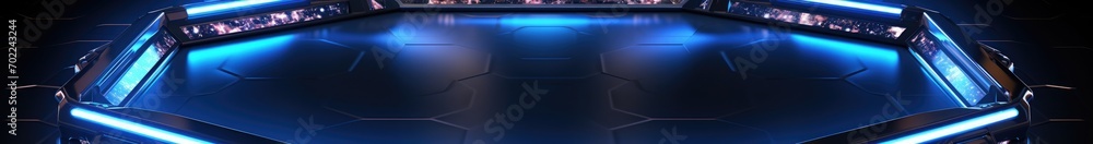 Poster neon frame in pentagon form with shining effects and sparkles on dark background. empty glowing tech