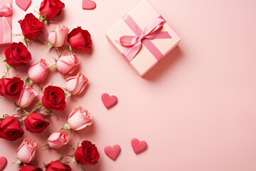 A holiday gift box with red roses and hearts on a pink background with an empty space