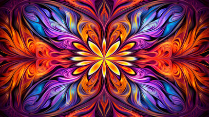 meditation and trance Mandala in mesmerizing fractal design radiating from a central point a spectrum of warm colors in the form of a blossoming flower. Natural Organic Patterns. Abstract background