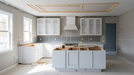 Assembly of kitchen furniture during kitchen remodeling in new home