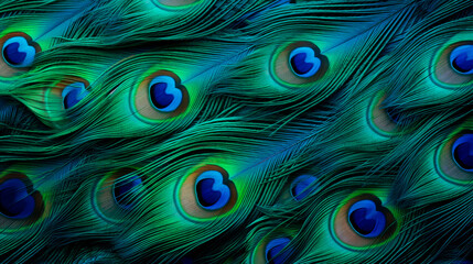 Obraz premium Close-up of bright and shimmering peacock tail feathers in blue, green and turquoise colors. Graceful and elegant abstract background. Wildlife. Banner. Copy space