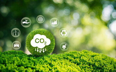 CO2 emission reduction concept with environmental icons, global warming, sustainable development...