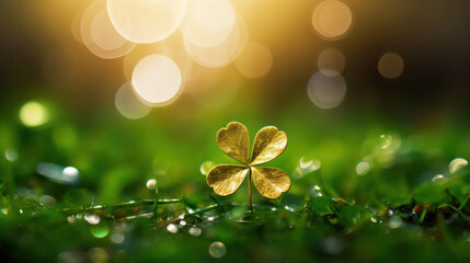 A golden four-leaf clover stands out in a field of green, shimmering with dew under sunlight.