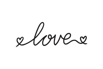 LOVE. Continuous line script cursive text love. Lettering vector illustration for poster, card, banner valentine day, wedding. Hand drawn word - love with doodle heart. Vector illustration. 