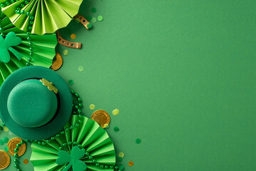 Vibrant Saint Patrick's Day setup: top view leprechaun's hat, lucky horseshoe, coins, animated...