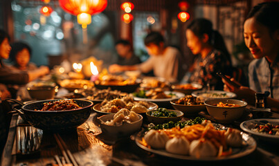 Chinese New Year table setting for Asian New Year celebrations generated AI
