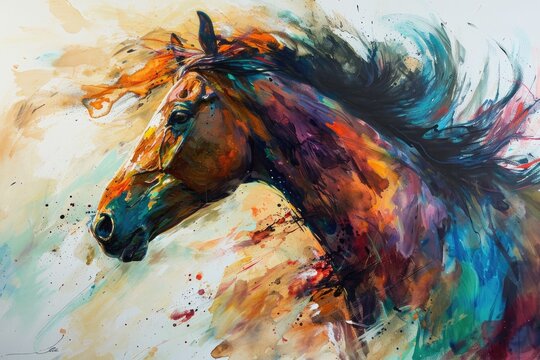 Vibrant strokes of acrylic paint bring a majestic horse to life in this modern artwork, capturing the grace and power of this beloved animal