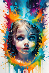 child's face in splashes of paint, fantasy concept