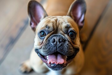 A playful toy bulldog with its fawn-colored snout wide open, showcasing the classic wrinkles and adorable charm of the beloved non-sporting group breed - obrazy, fototapety, plakaty