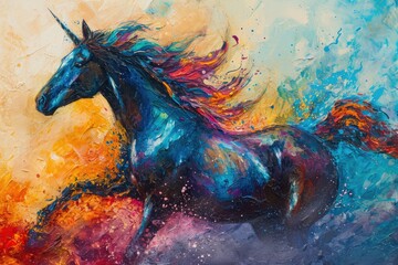 An abstract masterpiece of a majestic horse, captured in bold strokes of acrylic paint and brought to life on canvas with modern art techniques