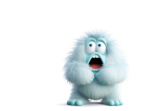 Scared nice furry monster looking up at blank copy-space