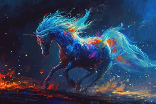 An ethereal masterpiece of a majestic creature ablaze with vibrant hues, capturing the essence of strength and grace in a single stroke