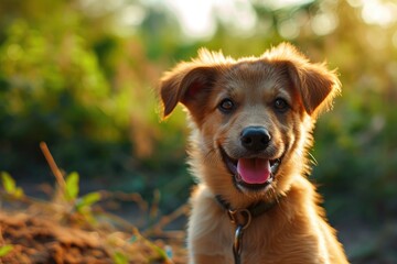 A playful brown dog of the sporting breed stands outdoors with its tongue out, looking adorably happy and ready for adventure as its snout quivers with excitement