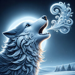 A whimsical, animated style wolf howling with a breath of cold winter mist.