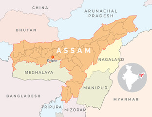 Assam district map with neighbour state and country