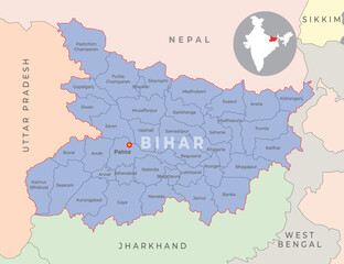 Bihar district map with neighbour state and country