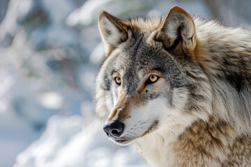 The fierce beauty of a lone gray wolf against the backdrop of a snowy wilderness
