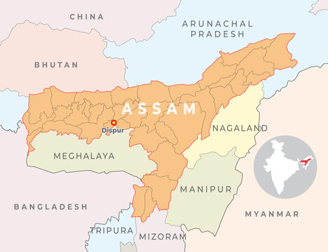 Assam district map with neighbour state and country