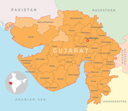 Gujarat district map with neighbour state
