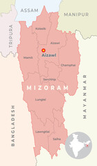 Mizoram District map with neighbour state and country