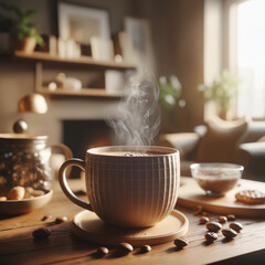 Obraz premium Steaming cup of aromatic coffee sits on a rustic table in a cozy home, its warmth inviting, and the rich aroma filling the air with comfort.