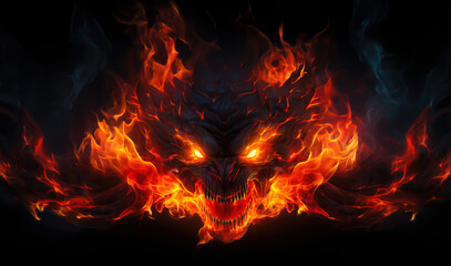 Fiery demon. Mystical monster in fire on dark background.