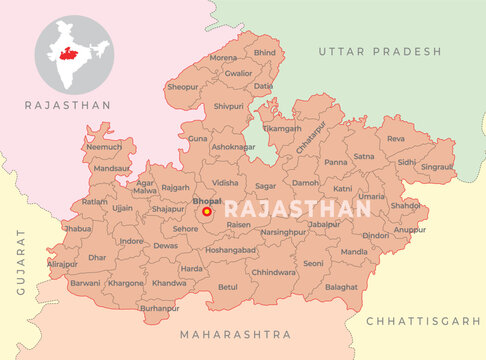 Madhya Pradesh district map with neighbour state