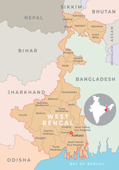 West Bengal district map with neighbour state and country - obrazy, fototapety, plakaty
