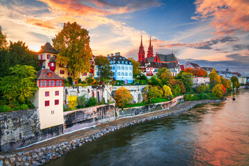 Basel, Switzerland on the Rhine River at Dusk in Autumn - obrazy, fototapety, plakaty