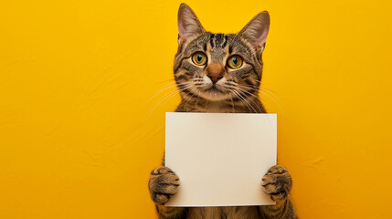 Feline Message Bearer: Ideal for Advertising and Pet-Related Promotions, Featuring a Cute Cat with Blank Paper.
