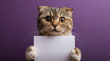 Feline Message Bearer: Ideal for Advertising and Pet-Related Promotions, Featuring a Cute Cat with Blank Paper.