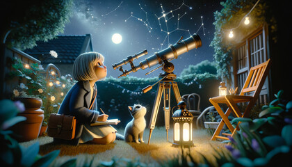 A detailed whimsical animated art scene showing a girl and her cat star gazing through a telescope.