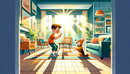 A whimsical animated art style scene featuring a boy teaching his dog tricks in a sunlit living room.