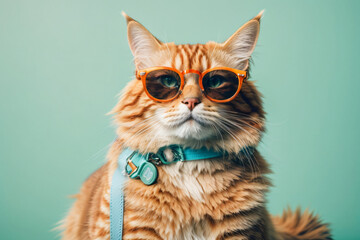 Closeup portrait of funny ginger cat wearing sunglasses isolated on light cyan. Ai Generative