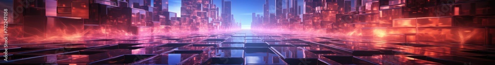 Poster neon glowing techno lines, hi-tech futuristic abstract background template with square shapes and li