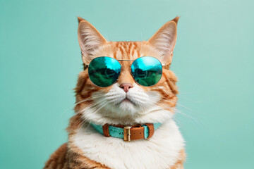 Closeup portrait of funny ginger cat wearing sunglasses isolated on light cyan. Ai Generative